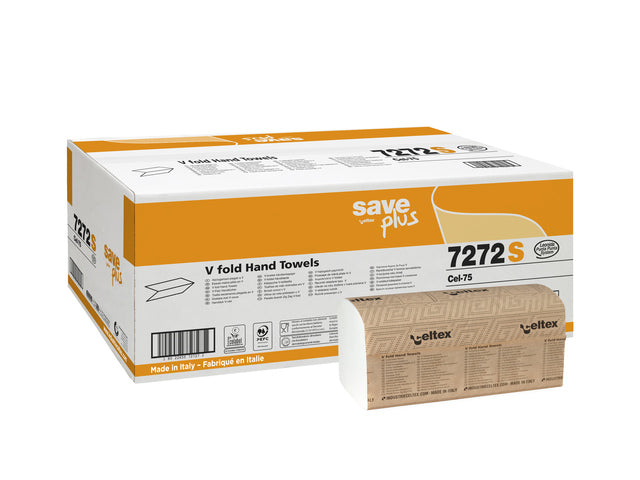 Handdoek Celtex Save V-vouw 2-laags wit doos 15 pak a 200 vel 21,5 x 21 cm
