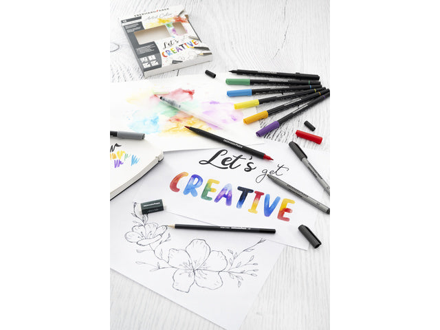 Mixed media set Eberhard Faber 13-dlg 8x duo penseel/fineliner, 2x pigmentliner, 1x waterpenseel, 1x grafietpotl., 1x gum