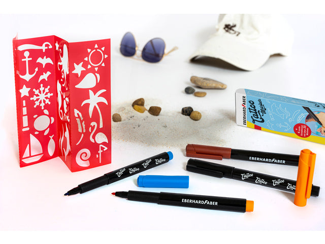 Tattoostift Eberhard Faber Beach 4st. und 4in1-Sjablonen. (schwarz, orange, blau und braun)
