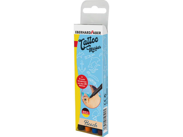 Tattoostift Eberhard Faber Beach 4st. und 4in1-Sjablonen. (schwarz, orange, blau und braun)