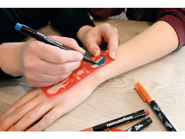 Tattoostift Eberhard Faber Beach 4st. und 4in1-Sjablonen. (schwarz, orange, blau und braun)