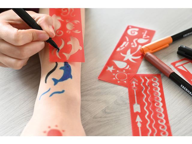 Tattoostift Eberhard Faber Beach 4st. und 4in1-Sjablonen. (schwarz, orange, blau und braun)
