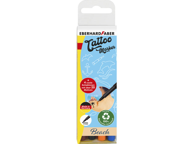 Tattoostift Eberhard Faber Beach 4st. und 4in1-Sjablonen. (schwarz, orange, blau und braun)