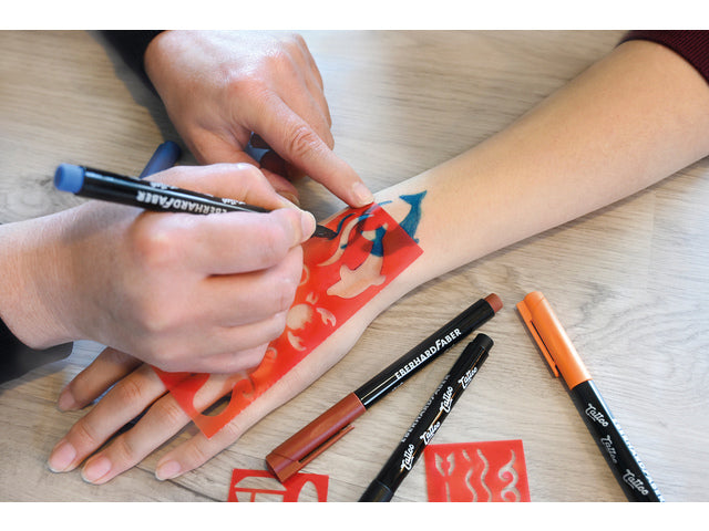Tattoostift Eberhard Faber Beach 4st. und 4in1-Sjablonen. (schwarz, orange, blau und braun)