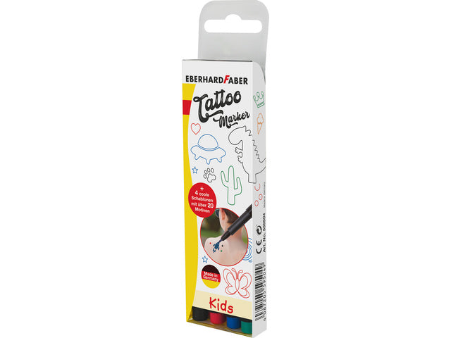 Tattoostift Eberhard Faber Kids 4st. und 4in1-Sjablonen. (schwarz, blau, grün und rot)