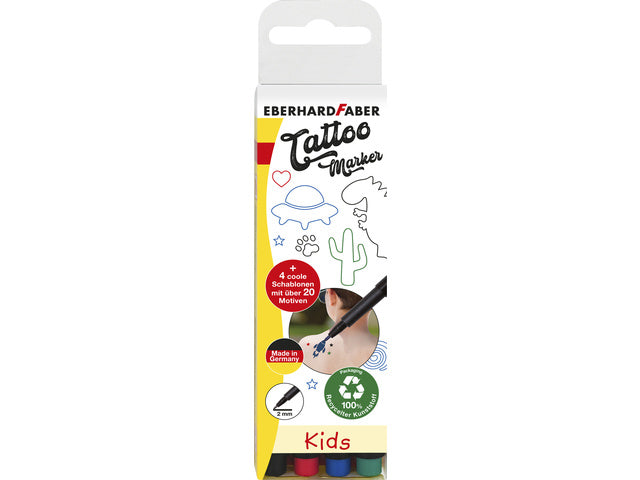 Tattoostift Eberhard Faber Kids 4st. und 4in1-Sjablonen. (schwarz, blau, grün und rot)