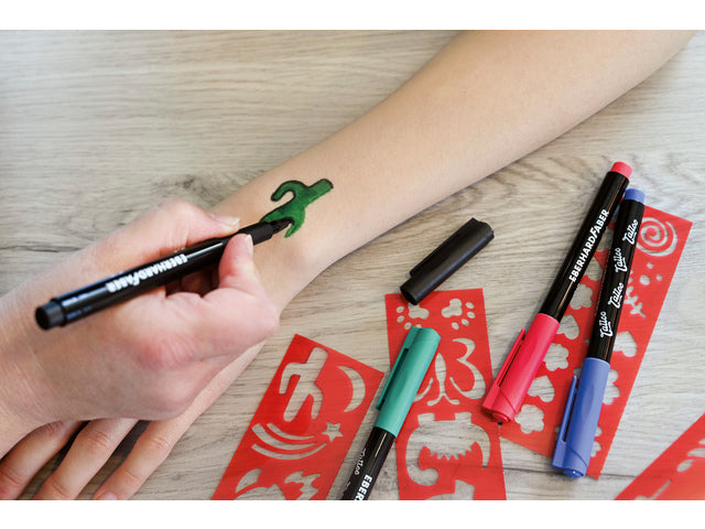 Tattoostift Eberhard Faber Kids 4st. und 4in1-Sjablonen. (schwarz, blau, grün und rot)