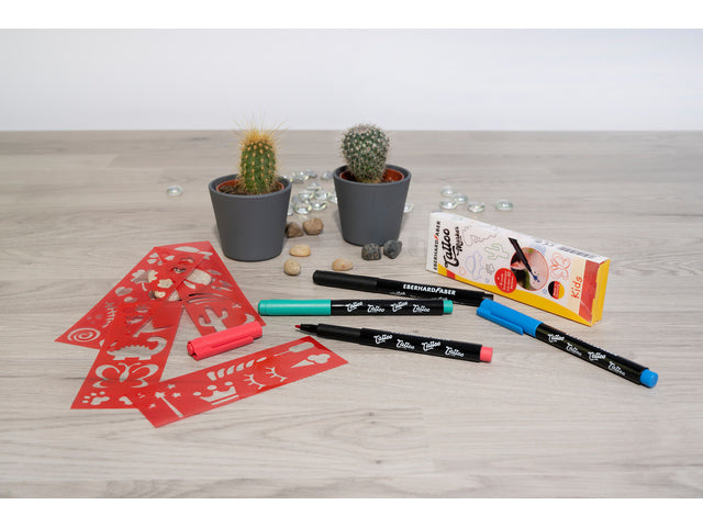 Tattoostift Eberhard Faber Kids 4st. und 4in1-Sjablonen. (schwarz, blau, grün und rot)