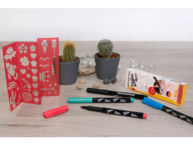 Tattoostift Eberhard Faber Kids 4st. und 4in1-Sjablonen. (schwarz, blau, grün und rot)