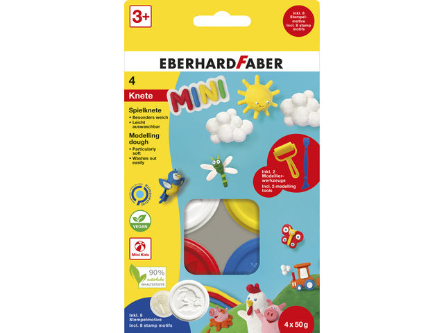 Kinderklei Eberhard Faber basisset 4 bekers á 50gr. Wit, geel, rood, en blauw met roller en spatel