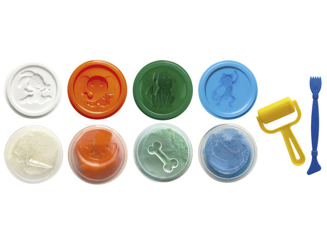 Kinderklei Eberhard Faber basisset 4bekers bekers á 50gr. Wit, oranje, groen en l.blauw met roller en spatel