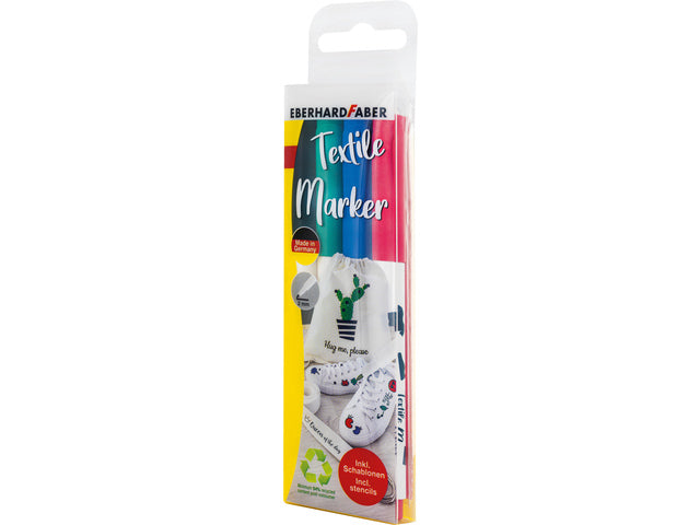 Textielmarker Eberhard Faber 4st. in etui incl. 4 stencils met sjablonen