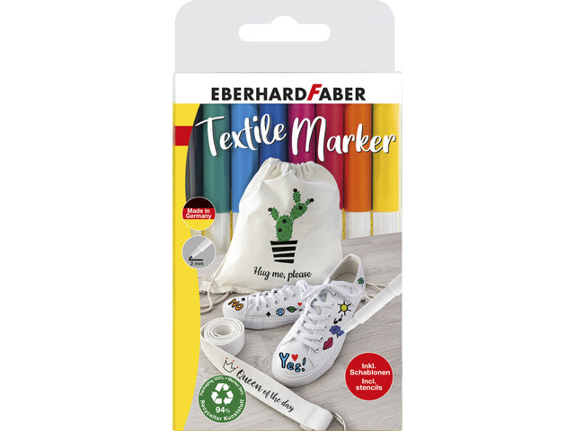 Textielmarker Eberhard Faber 8st. in etui incl. 4 stencils met sjablonen