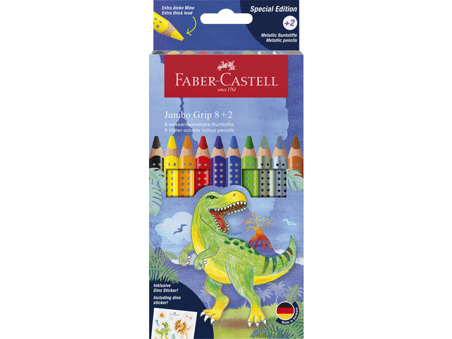 Kleurpotlood Faber-Castell Jumbo Grip Dino 8 kleurengrip + 2 metallic grip incl. dinostickers in kartonnen etui