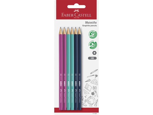 Potlood Faber-Castell 1111 HB 6 stuks op blister kleuren: roze, aqua en d.blauw