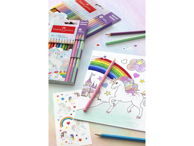 Kleurpotlood Faber-Castell Unicorn zeskantig 10 stuks Kleuren+3 pastelkleuren in kartonnen etui