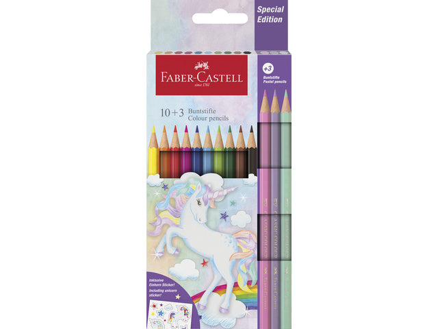 Kleurpotlood Faber-Castell Unicorn zeskantig 10 stuks Kleuren+3 pastel kleuren in karton etui