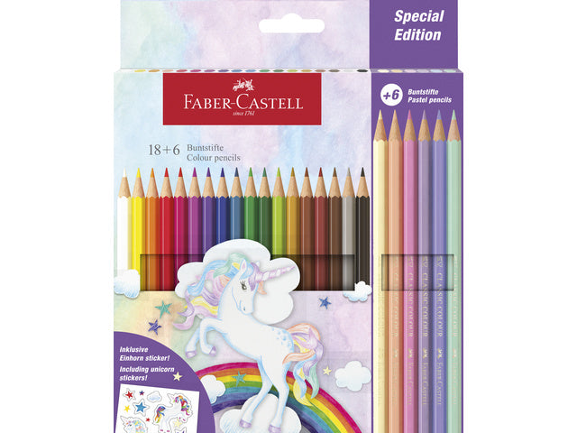 Kleurpotlood Faber-Castell Unicorn zeskantig 18 stuks Kleuren+6 pastel kleuren in karton etui