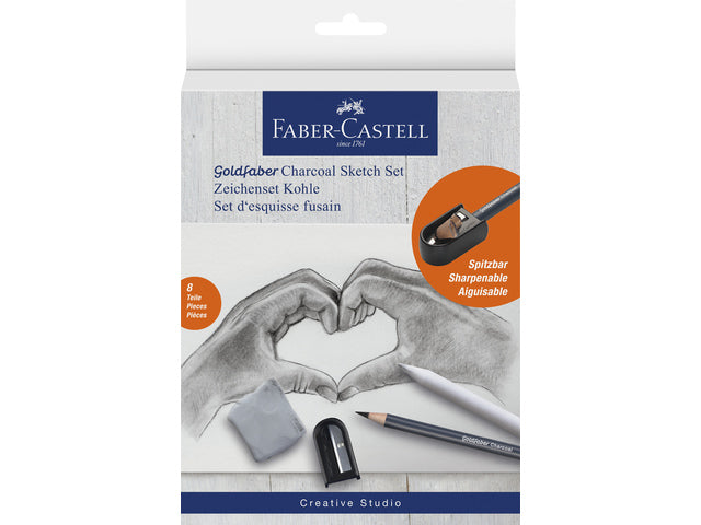 Houtskoolset Faber-Castell 8-teilig: 5 Houtskool-Potloden (Extra Super Zacht, Super Zacht, Zacht, Medium und Hard), 1 Slipper, 1 Kneedgum und 1 Doezelaar