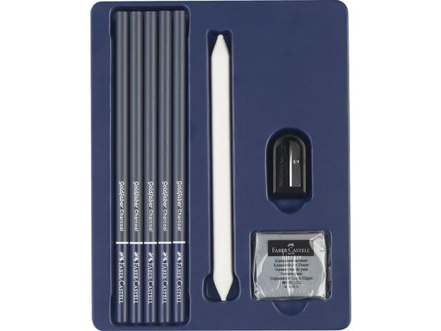 Houtskoolset Faber-Castell 8-teilig: 5 Houtskool-Potloden (Extra Super Zacht, Super Zacht, Zacht, Medium und Hard), 1 Slipper, 1 Kneedgum und 1 Doezelaar