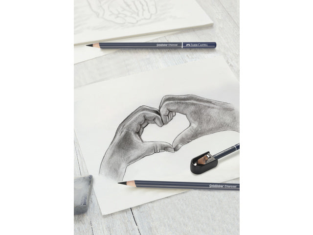Houtskoolset Faber-Castell 8-teilig: 5 Houtskool-Potloden (Extra Super Zacht, Super Zacht, Zacht, Medium und Hard), 1 Slipper, 1 Kneedgum und 1 Doezelaar