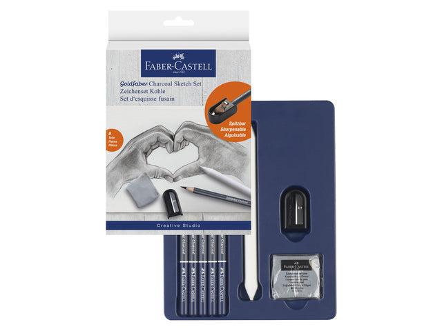 Houtskoolset Faber-Castell 8-teilig: 5 Houtskool-Potloden (Extra Super Zacht, Super Zacht, Zacht, Medium und Hard), 1 Slipper, 1 Kneedgum und 1 Doezelaar