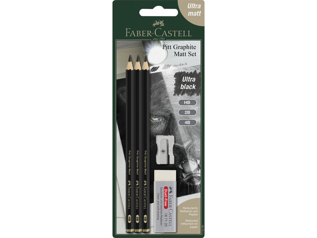 Grafietpotlood Faber-Castell Pitt Mat set 3 potl. HB,2B,4B, 1 gom, 1 enkele slijper op blister