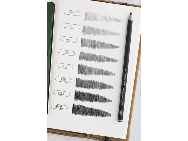 Grafietpotlood Faber-Castell Pitt Mat set 3 potl.10B,12B,14B, 1 gom, 1 enkele slijper op blister