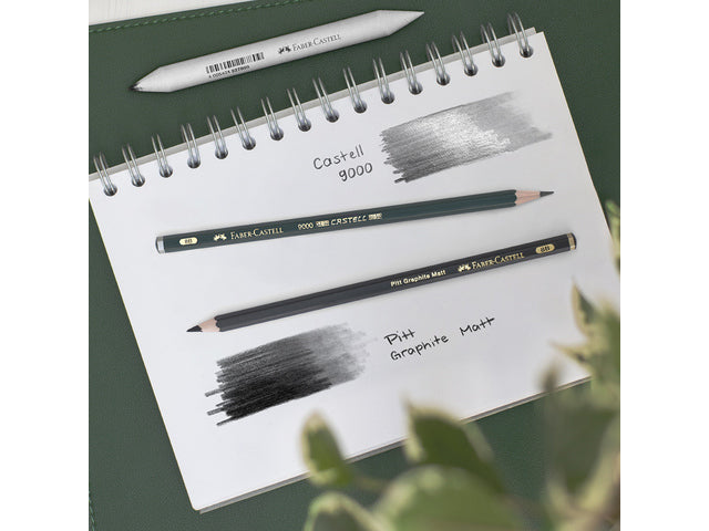 Grafietpotlood Faber-Castell Pitt Mat set 4 potl. 2B,6B,10B, 14B, 1 gom, 1 enkele slijper op blis.
