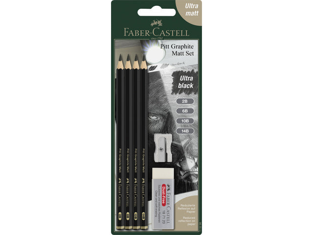 Grafietpotlood Faber-Castell Pitt Mat set 4 potl. 2B,6B,10B, 14B, 1 gom, 1 enkele slijper op blis.