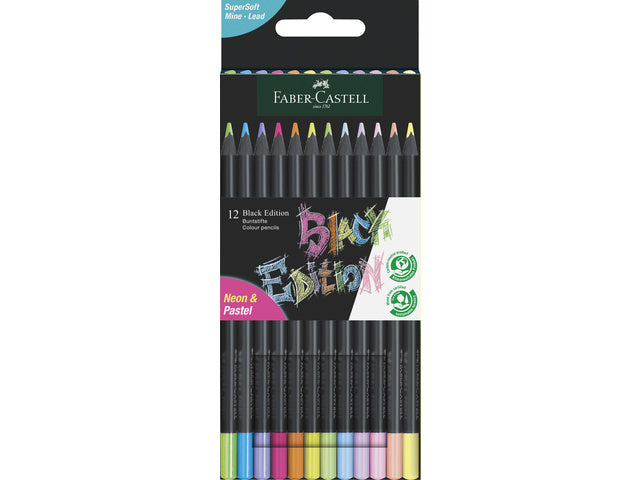Kleurpotlood Faber-Castell Black Edition 12 stuks neon+pastel in kartonnen etui
