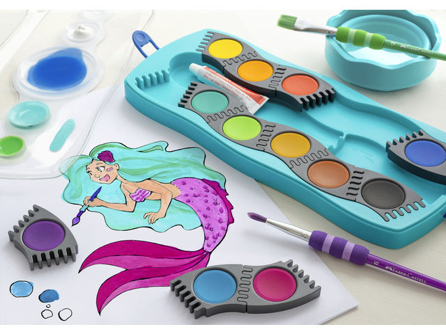 Waterverfdoos Faber-Castell 12 kleuren +1 tube met Connector turquoise