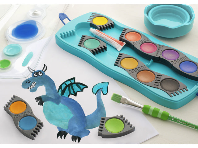 Waterverfdoos Faber-Castell 12 kleuren +1 tube met Connector turquoise