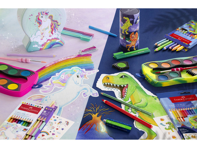 Waterverfdoos Faber-Castell Connector 12 kleuren + 1 tube glow in the dark glitter Dino