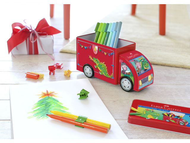 viltstiften Faber-Castell Connector 33 stuks met 10 clips in 'vrachtwagen'