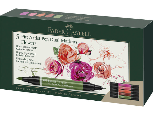 Tekenstift Faber-Castell Pitt Artist duo marker Flowers etui 5pcs color nrs: 118,125,131,174,192