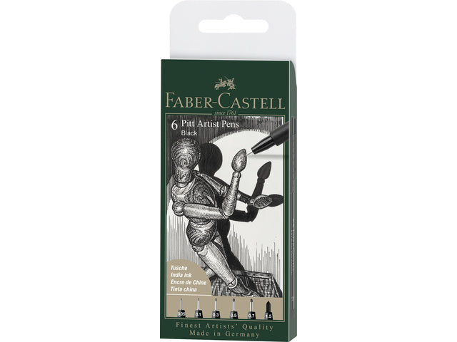 Stift Faber-Castell Pitt Artist Pen, Etui, 6 Stück, 199 schwarze Stifte, XXS, XS, S, F, M, 1,5