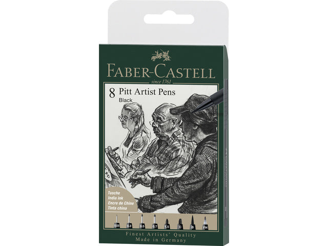 Stift Faber-Castell Pitt Artist Pen, Etui, 8 Stück, 199 schwarze Stifte, XXS, S, F, M, B, C, 1,5, FH