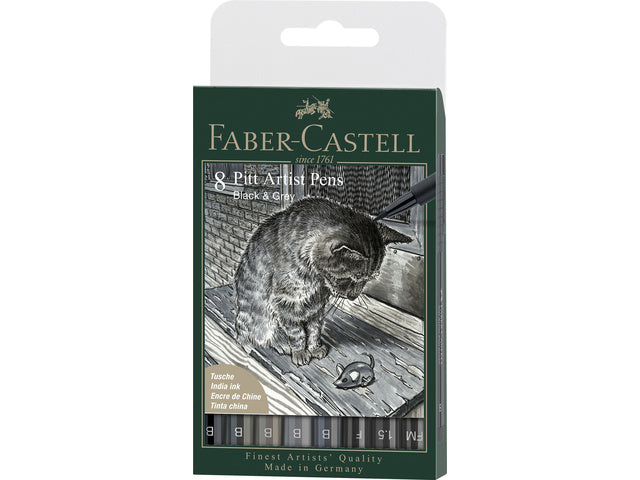 Faber-Castell Pitt Artist Pen-Etui, 8 Stück, schwarz und grau, sortiert
