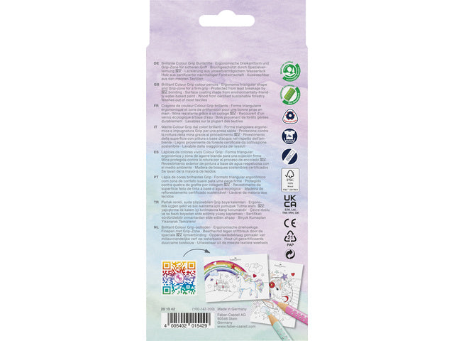 Kleurpotlood Faber-Castell Grip Unicorn 10 kleuren grip + 3 sprankelende pastelkleurpotloden inclusief unicorn stickers
