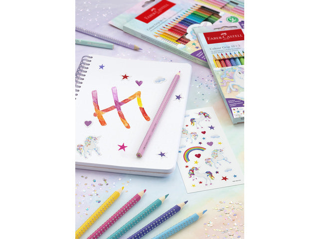 Kleurpotlood Faber-Castell Grip Unicorn 10 kleuren grip + 3 sprankelende pastelkleurpotloden inclusief unicorn stickers