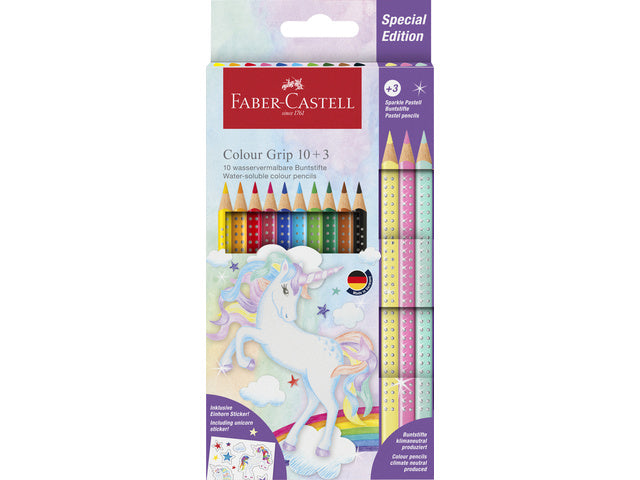 Kleurpotlood Faber-Castell Grip Unicorn 10 kleuren grip + 3 sprankelende pastelkleurpotloden inclusief unicorn stickers