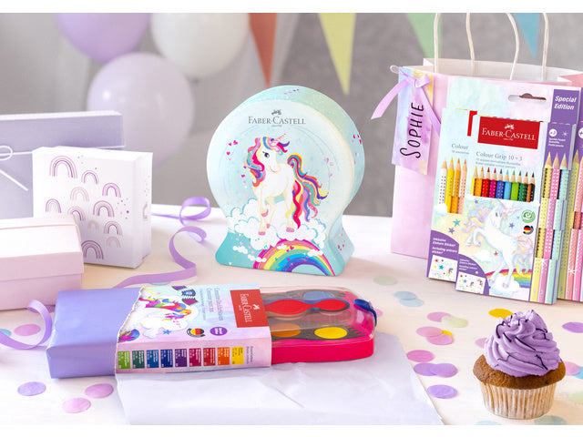 Kleurpotlood Faber-Castell Grip Unicorn 10 kleuren grip + 3 sprankelende pastelkleurpotloden inclusief unicorn stickers