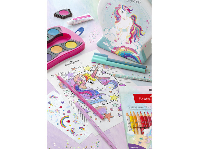 Kleurpotlood Faber-Castell Grip Unicorn 10 kleuren grip + 3 sprankelende pastelkleurpotloden inclusief unicorn stickers