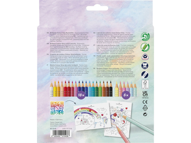 Kleurpotlood Faber-Castell Grip Unicorn 18 kleuren grip + 6 sprankelende pastelkleurpotloden inclusief unicorn stickers