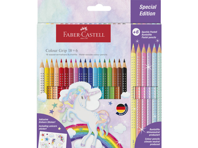 Kleurpotlood Faber-Castell Grip Unicorn 18 kleuren grip + 6 sprankelende pastelkleurpotloden inclusief unicorn stickers