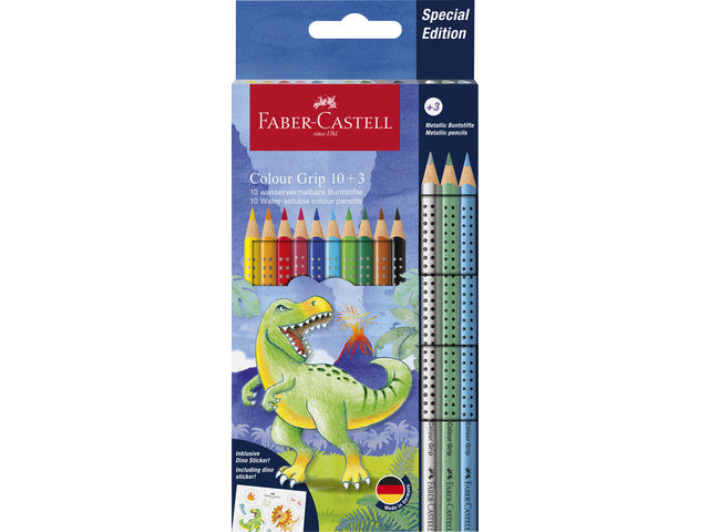 Kleurpotlood Faber-Castell Grip Dino 10 kleuren grip + 3 metallic grip incl. dinostickers in kartonnen etui