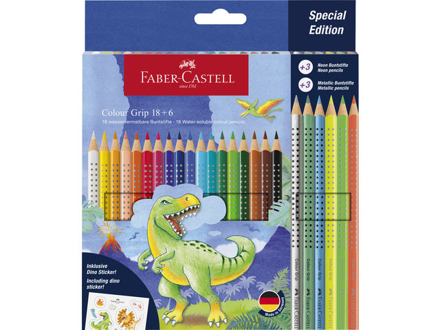 Kleurpotlood Faber-Castell Grip Dino 18 kleuren grip + 6 metallic grip incl. dinostickers in kartonnen etui