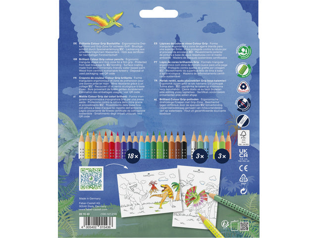 Kleurpotlood Faber-Castell Grip Dino 18 kleuren grip + 6 metallic grip incl. dinostickers in kartonnen etui