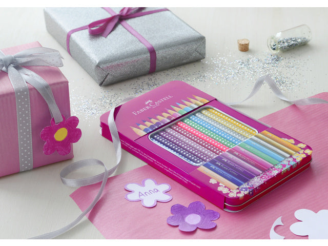 Kleurpotloden Faber-Castell Sparkle in rosa Blik mit 12 Stück